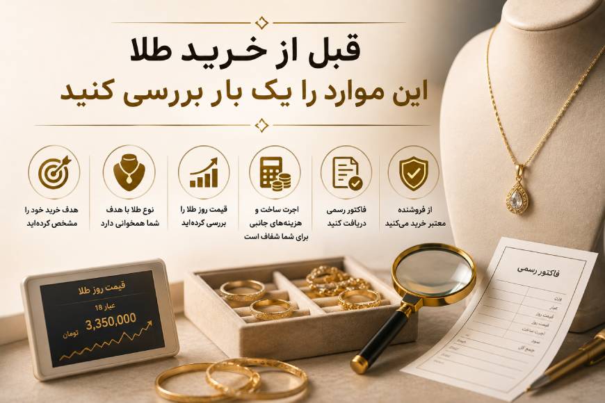 چک‌لیست نکات مهم قبل از خرید طلا شامل بررسی هدف خرید، قیمت روز، اجرت ساخت، فاکتور رسمی و اعتبار فروشنده